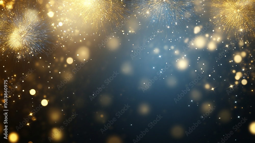 Obraz premium Celebrate New Year's Eve with a dazzling display of gold and blue fireworks against a vibrant bokeh backdrop. Capture the magic of the moment with this captivating abstract holiday background