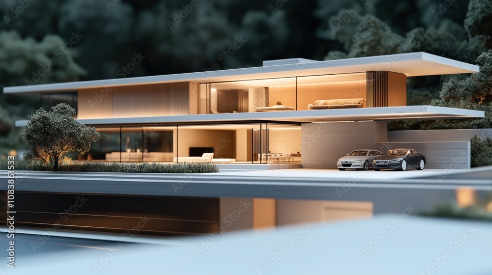 Obraz premium Modern luxury home exterior with large glass windows, minimalist architecture, and sleek cars parked in the driveway surrounded by lush greenery
