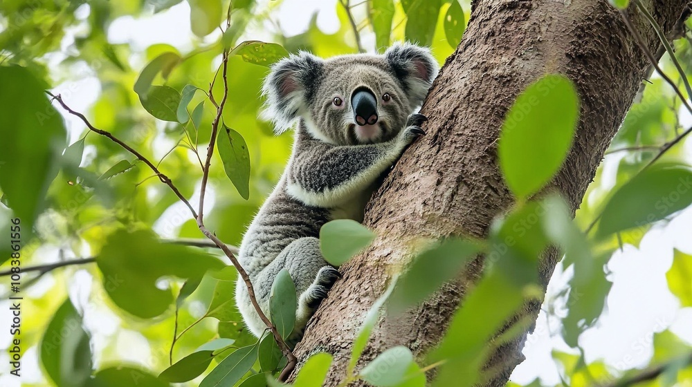 Fototapeta premium Koala Climbing Eucalyptus Tree with Fresh Green Leaves