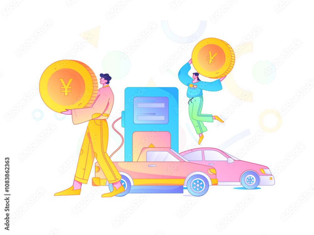 Obraz premium Vector Internet operation hand-drawn illustration of people getting discounts for refueling their cars