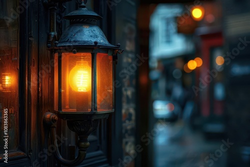 A simple, brass antique lantern glowing softly in a dim corner photo