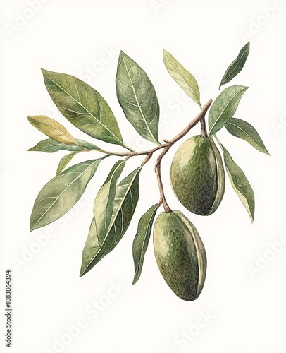 A Delicate Watercolor Botanical Illustration of Fruits and Leaves photo