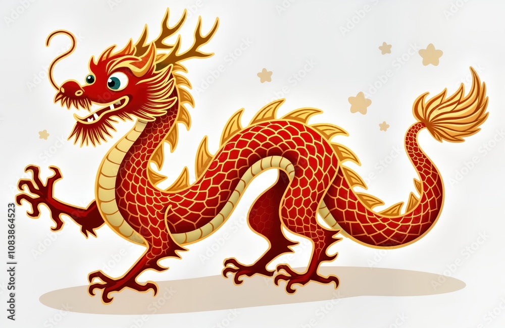 Fototapeta premium Red dragon illustration with golden outline. Powerful mythical animal. Suitable for various uses like design elements, templates, tattoos,. Perfect for Chinese New Year celebrations, general design