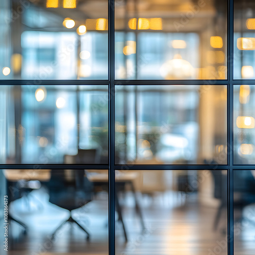 A modern office space visible through glass panels, featuring blurred furniture and warm lighting, creating a professional environment.