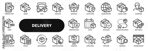 Set of vector line icons related to delivery and shipping service, transportation and logistic. Symbols for website or app ui, logo design, illustration