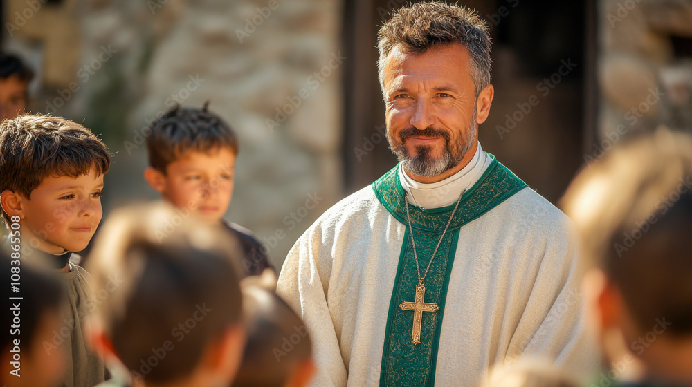 Fototapeta premium Smiling priest with children outdoors during a sunny day at a gathering