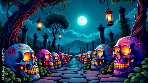 A Vivid and Enchanting Graveyard Landscape Live with Colorful Sugar Skulls and Twisting Vines Under a Flickering Moonlit Atmosphere photo