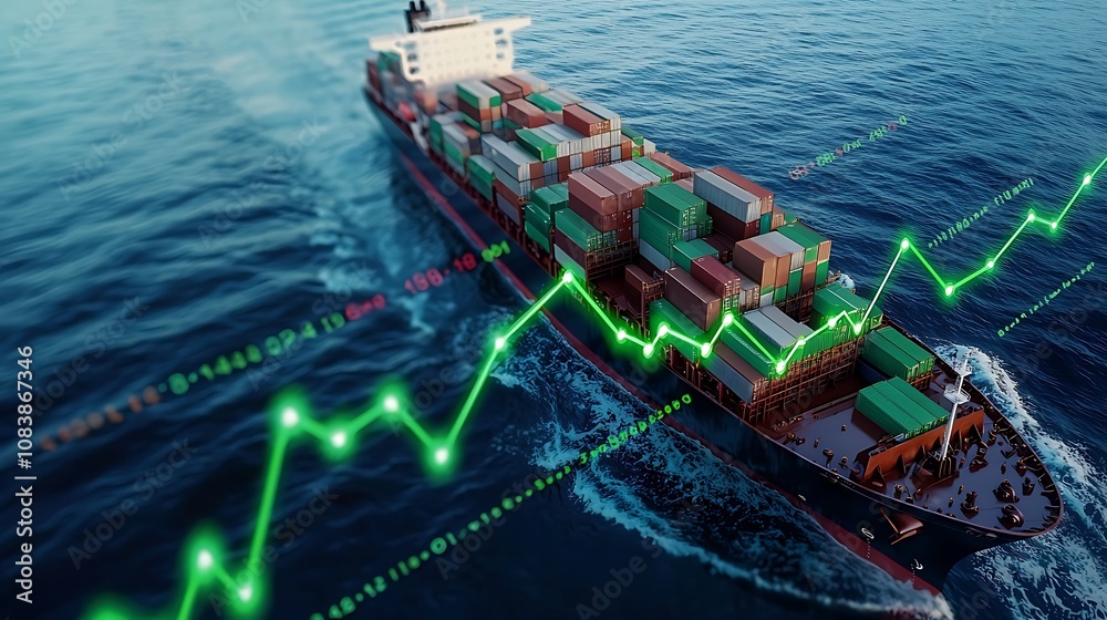 Obraz premium Cargo Ship Navigating Through Water with Growth Graph