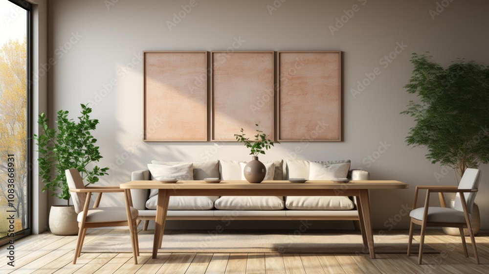 Fototapeta premium A living room with a wooden table and chairs, a couch, and a potted plant