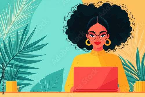 A digital illustration of a boss women with curly hair wearing glasses, working on a laptop amidst tropical leaves.