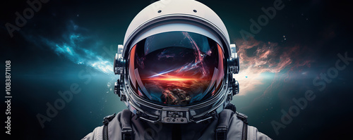 Stunning astronaut helmet reflecting cosmic landscape with vibrant color contrasts and stellar phenomena