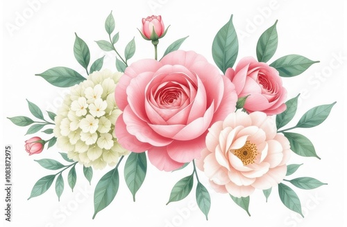 Pink Peonies Flowers isolated watercolor illustration painting botanical art white background greeting card stationary wedding bridal home decor