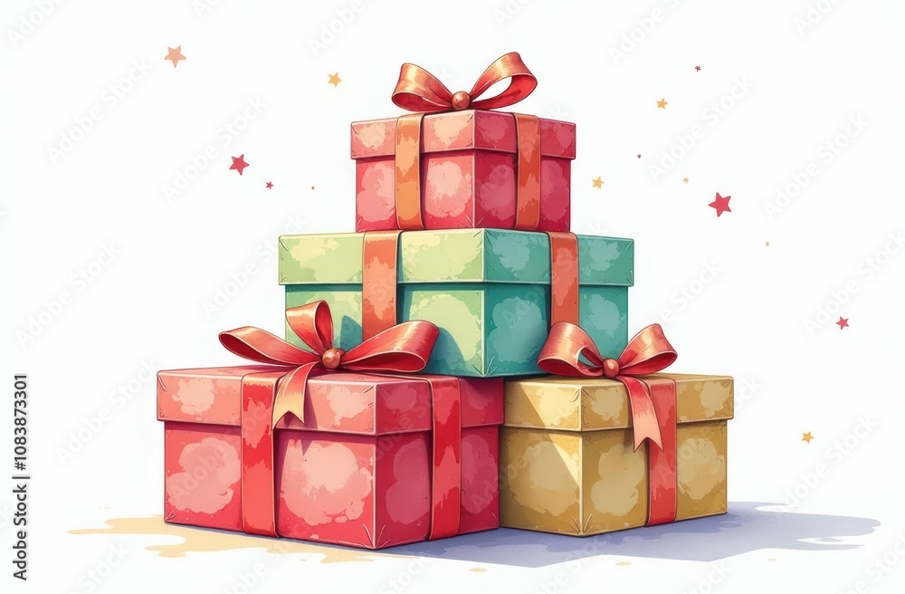 Obraz premium Merry Christmas and New Year collection. watercolor gift boxes. Perfect for Christmas invitations, Birthday invitations