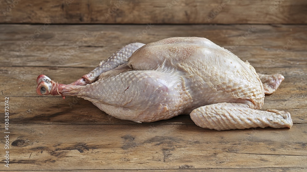 Obraz premium Golden brown turkey on rustic wood, perfect for Thanksgiving or Christmas dinner. 