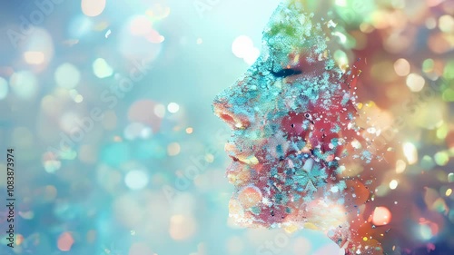 An abstract face blended with vibrant bokeh lights, creating a surreal, artistic effect with a colorful, dreamlike atmosphere.