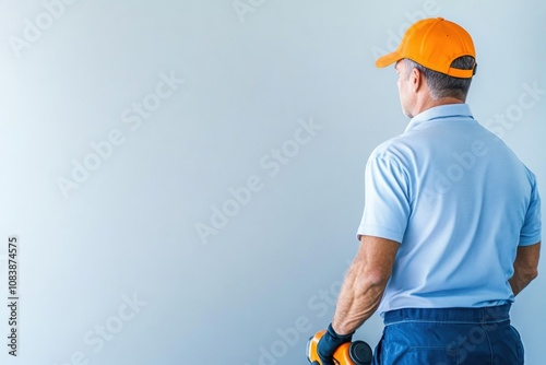 Caucasian Man in Blue Shirt and Orange Cap Holding Gas Pump on Plain White Background photo