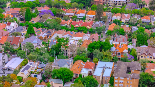 Aerial drone view over Sydney inner suburb of Glebe and Annandale close to Sydney Harbour NSW Australia beautiful colourful roof and tree lined streets green orange purple photo