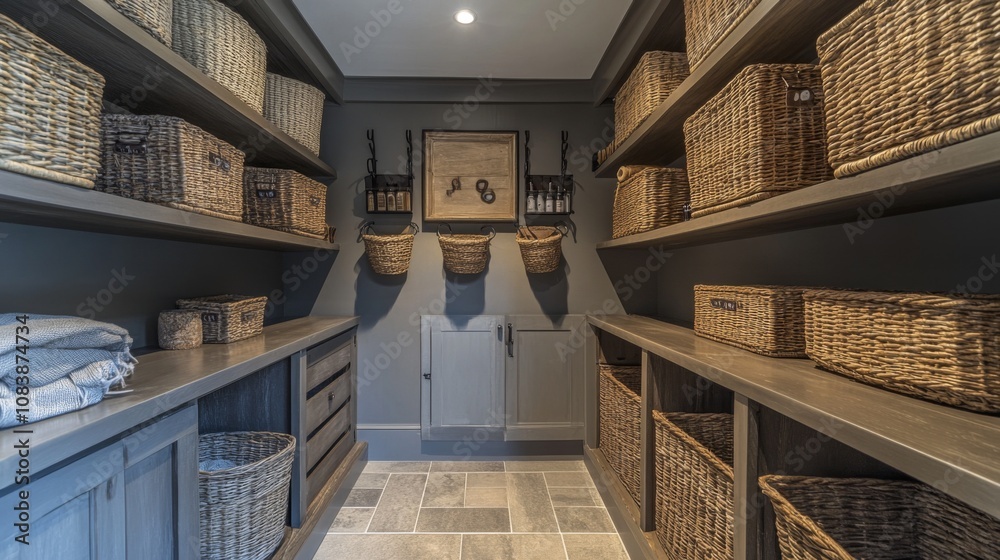 Fototapeta premium A Well-Organized Pantry with Wicker Baskets and Wood Shelves