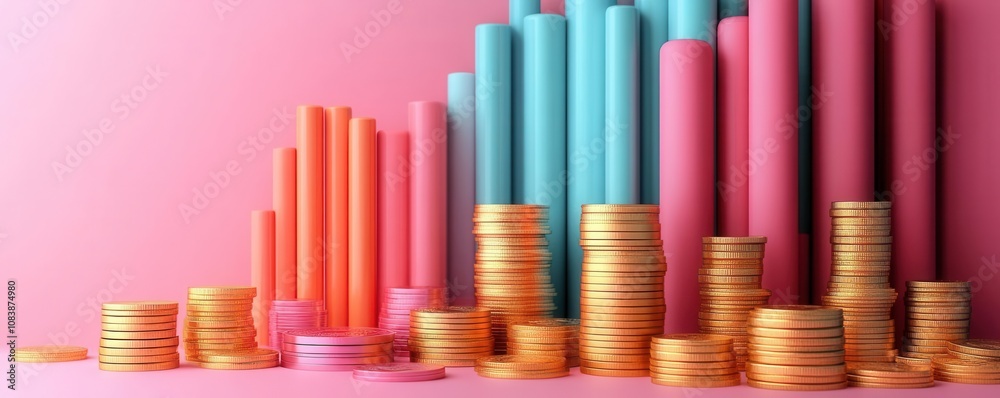 Obraz premium A colorful representation of financial growth, featuring vibrant bars and stacks of gold coins against a pink background.