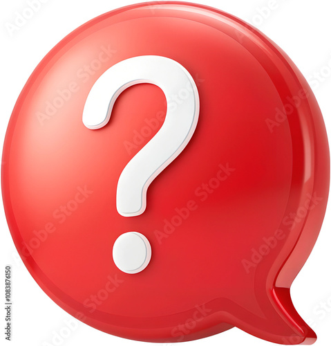 question mark icon Red 3D chat bubble with a white question mark in the center, representing inquiries, help, or uncertainty, isolated on a white background with a sleek and modern design