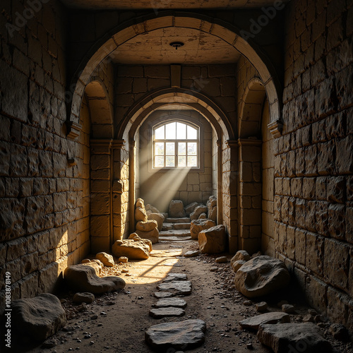 View of empty stone tomb with sunlight streaming through the entrance