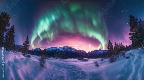 A breathtaking view of the Northern Lights (Aurora Borealis) illuminating the night sky in vivid green, purple, and blue hues. The aurora swirls across a clear, starry sky above a calm.