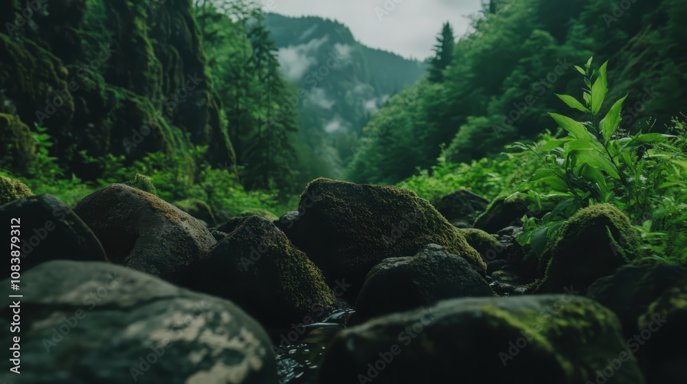 Fototapeta premium A lush green forest with a stream running through it