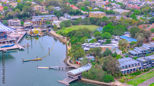 Aerial drone view over Sydney inner suburb of Glebe and Annandale close to Sydney Harbour NSW Australia beautiful colourful roof and tree lined streets green orange purple photo