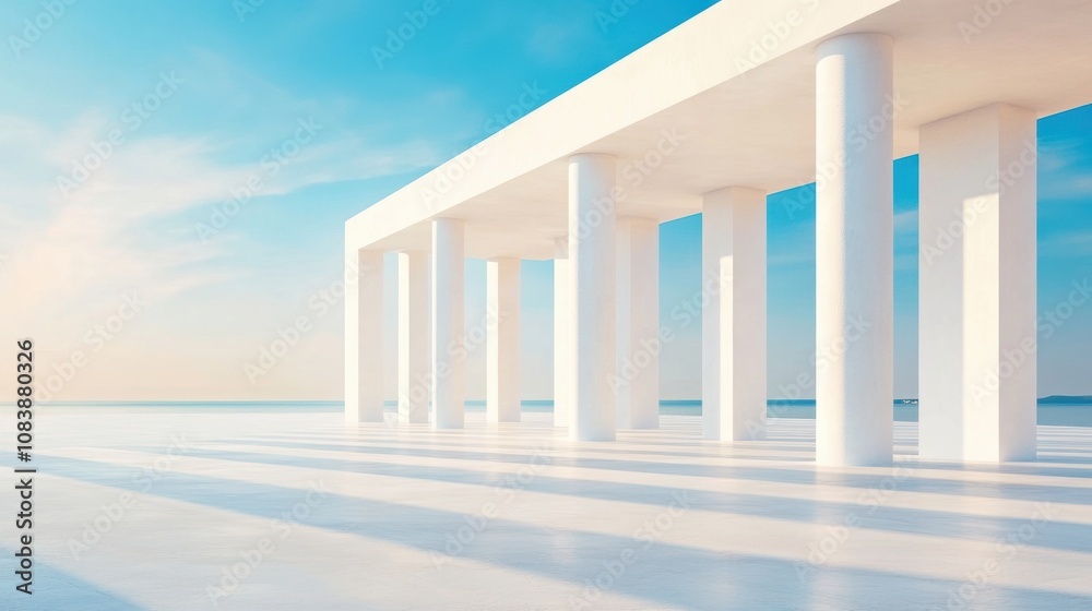 Fototapeta premium Modern Architectural Structure With White Columns by the Sea During a Serene Sunset in Summer