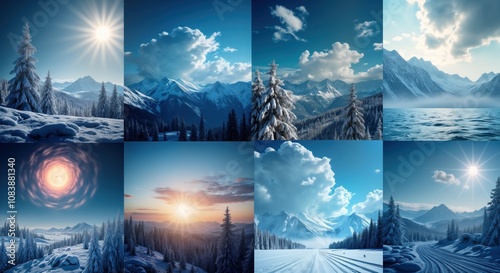 Snowy mountain scenery collage. Variety of winter weather conditions shown in creative composition. Sunny days, snowy landscapes featured in collage. Winter wonderland atmosphere. Scenic winter views. photo