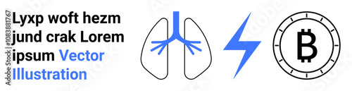 Lungs outline, blue lightning bolt, and Bitcoin coin symbol. Ideal for health, energy, cryptocurrency, medical, finance, blockchain, technology. Minimalist design Vector graphics Landing page