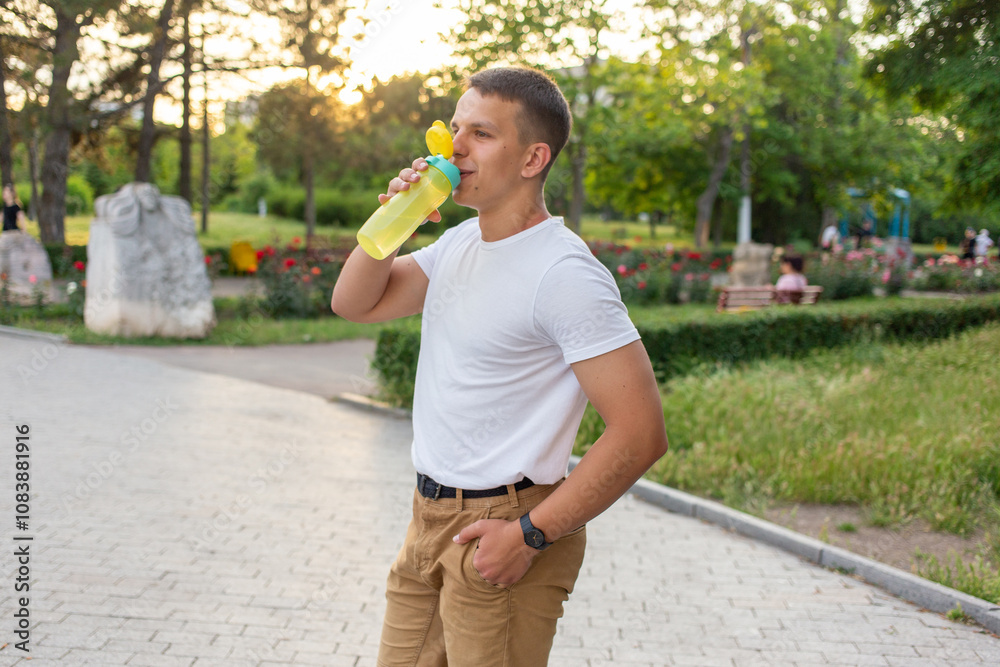 Fototapeta premium A young guy in the park drinking water