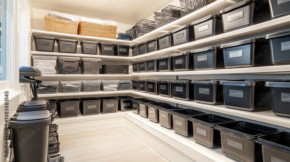 Fototapeta premium Organized Pantry with Black Storage Bins and White Shelves