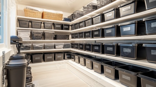Organized Pantry with Black Storage Bins and White Shelves