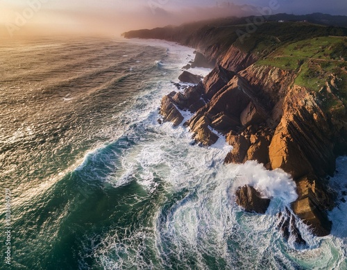 El mar rompiendo en la costa, en un acantantilado, vista aerea photo