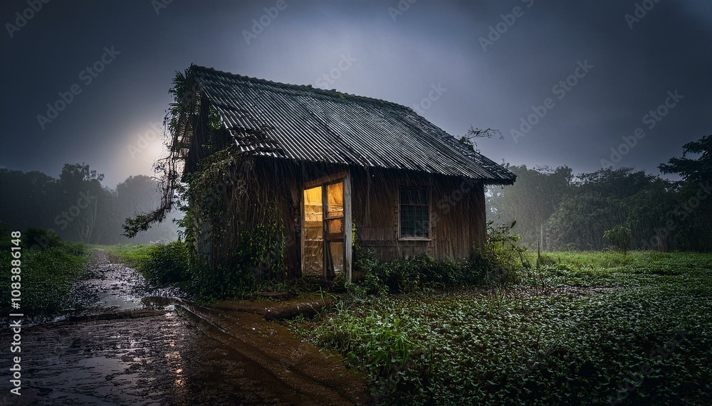 Obraz premium Una vieja cabaña de madera, con luz interior por la noche, empapada por la lluvia. Las ventanas de la casa están rotas .