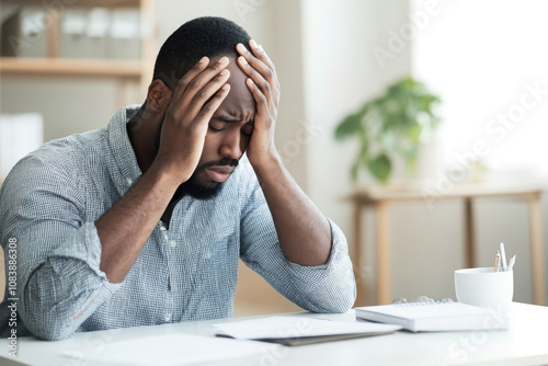 Frustrated man sitting at a desk with his head in his hands, overwhelmed by work in a bright office space. Copy space photo