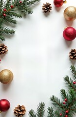 Christmas decoration frame on white background. Fir branches, ornaments create border. Pine cones, red, gold balls part of design. Suitable for greetings card seasonal poster. Perfect for holiday