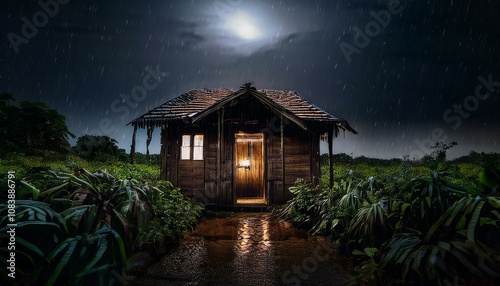 Una vieja cabaña de madera, con luz interior por la noche, empapada por la lluvia. Las ventanas de la casa están rotas . photo