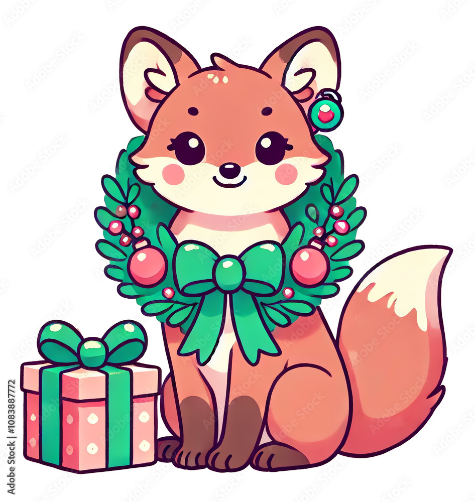 Fototapeta premium A cute fox sitting calmly, wearing a festive holiday wreath around its neck
