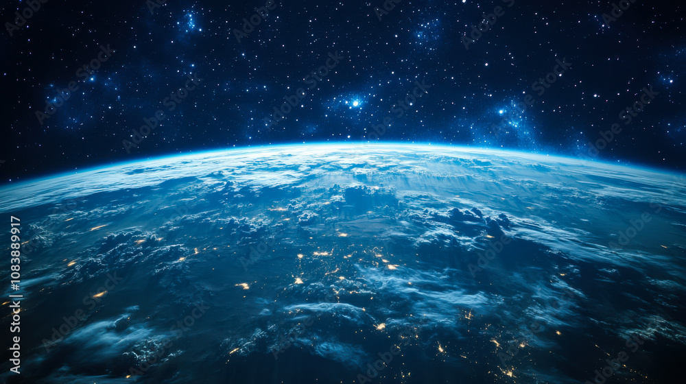 Obraz premium A stunning view of a vibrant blue galaxy filled with stars and cosmic dust in the vast expanse of space