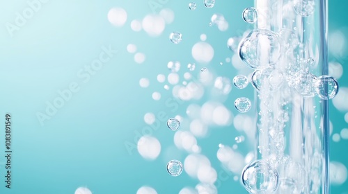 Close-up of Bubbles Forming During Water Electrolysis in a Clear Container With Blue Lighting