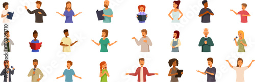 Vocal lessons icons set. People singing, presenting, and giving speeches in a variety of styles and settings