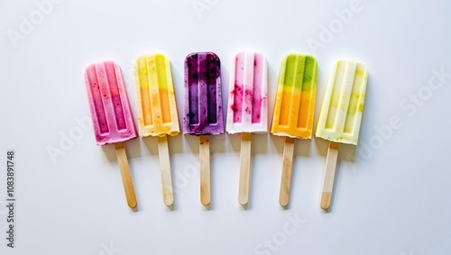 Colorful frozen fruit popsicles arranged in a row on a light background, showcasing refreshing summer treats ideal for warm weather gatherings and celebrations photo