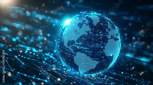 A blue digital Earth globe covered in a vibrant network of glowing connections, depicting a futuristic concept of global internet communication. photo