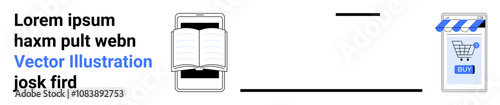 Smartphone displaying an open book next to a storefront icon with a shopping cart, representing mobile learning and online shopping. Ideal for e-learning, mobile apps, digital bookstores, e-commerce