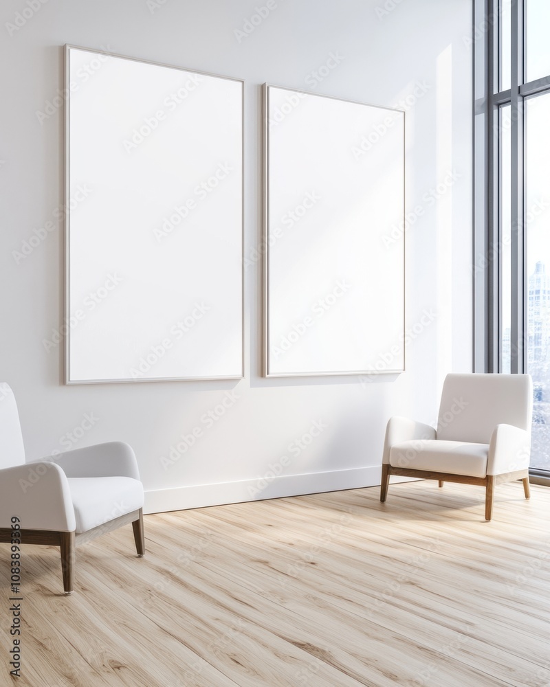 Fototapeta premium Modern Office With Minimalistic Layout and Blank Walls for Future Poster Displays