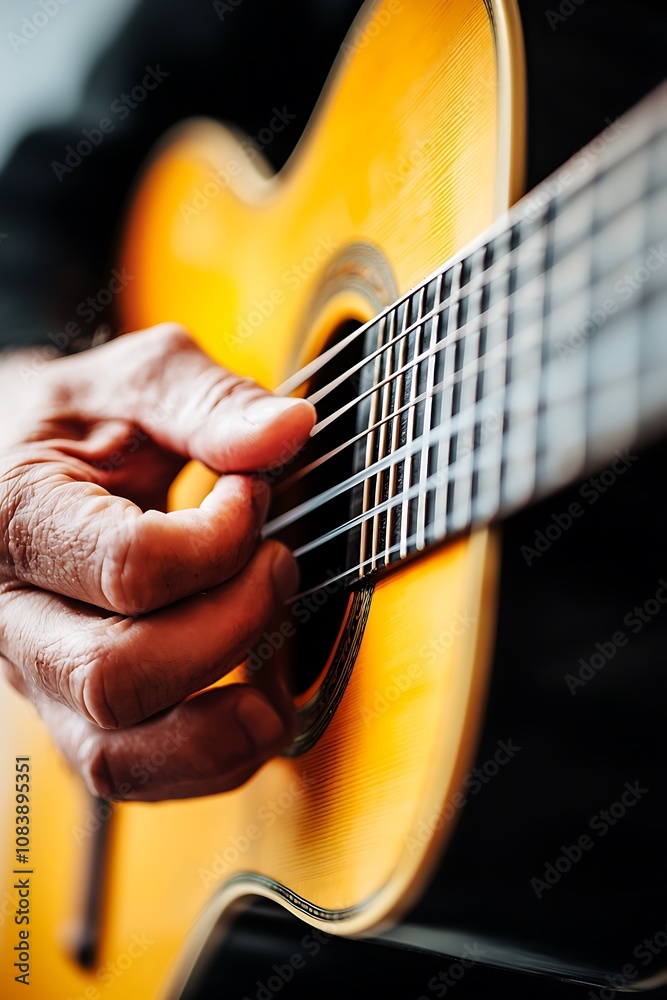 Fototapeta premium Close-Up of Hand Playing Acoustic Guitar Strings