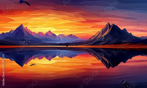 Vibrant sunset over tranquil lake reflecting majestic mountains and two birds in flight.