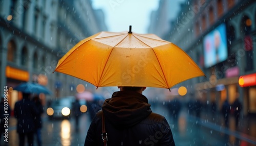 Wallpaper Mural Rainy urban scene. Person walks city street holding yellow umbrella. People walk by in urban area. Rainy day. City background with rain. Wet pedestrian area. Autumn or summer weather. Torontodigital.ca